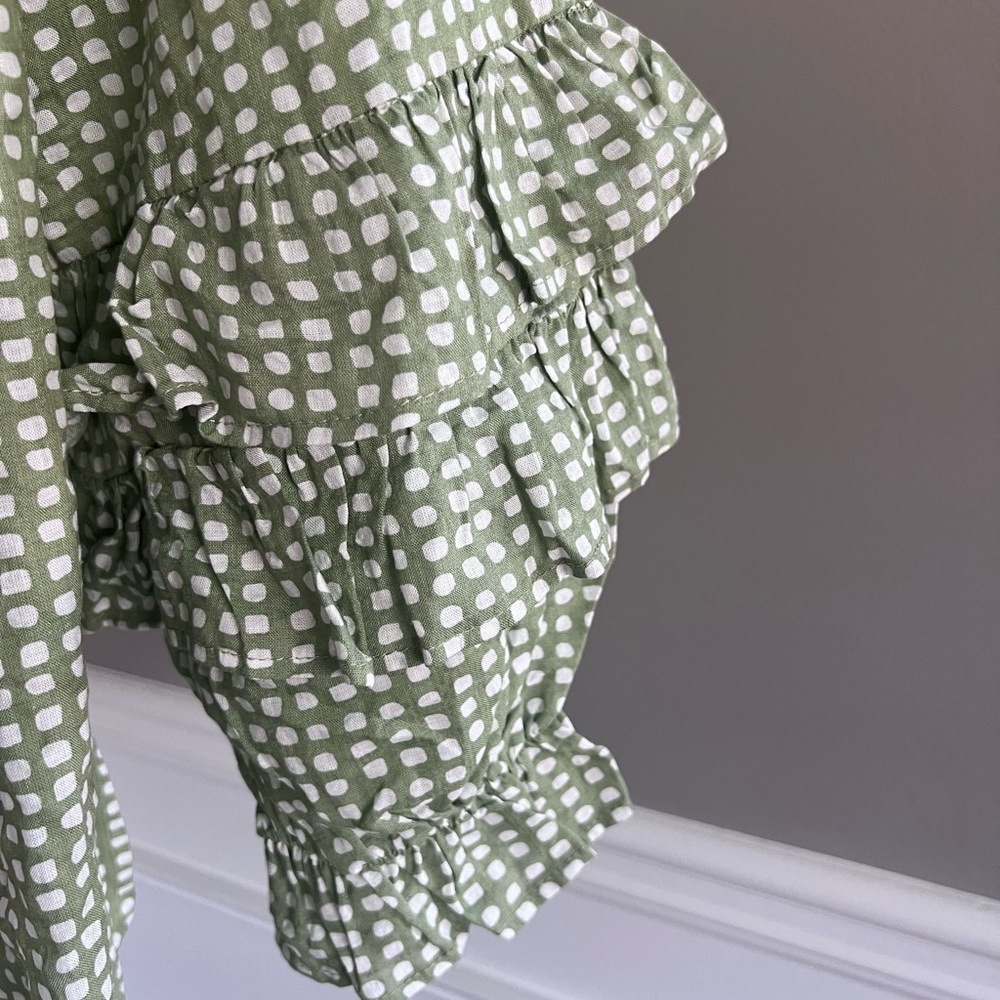 Ces Femme Sage Green Gingham Crochet Square-Neck Ruffle Sleeve Tunic. Small - Picture 3 of 7
